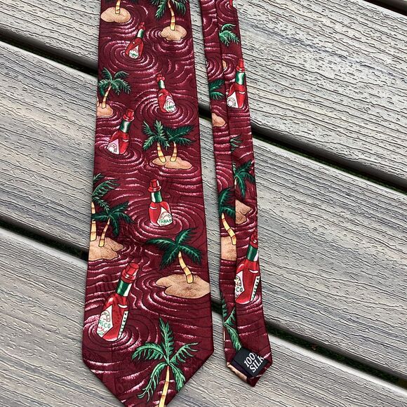 Tabasco Hot Sauce Island Novelty Tie 100% Silk Red Chili Palm Trees 58” Neckwear - Picture 1 of 4